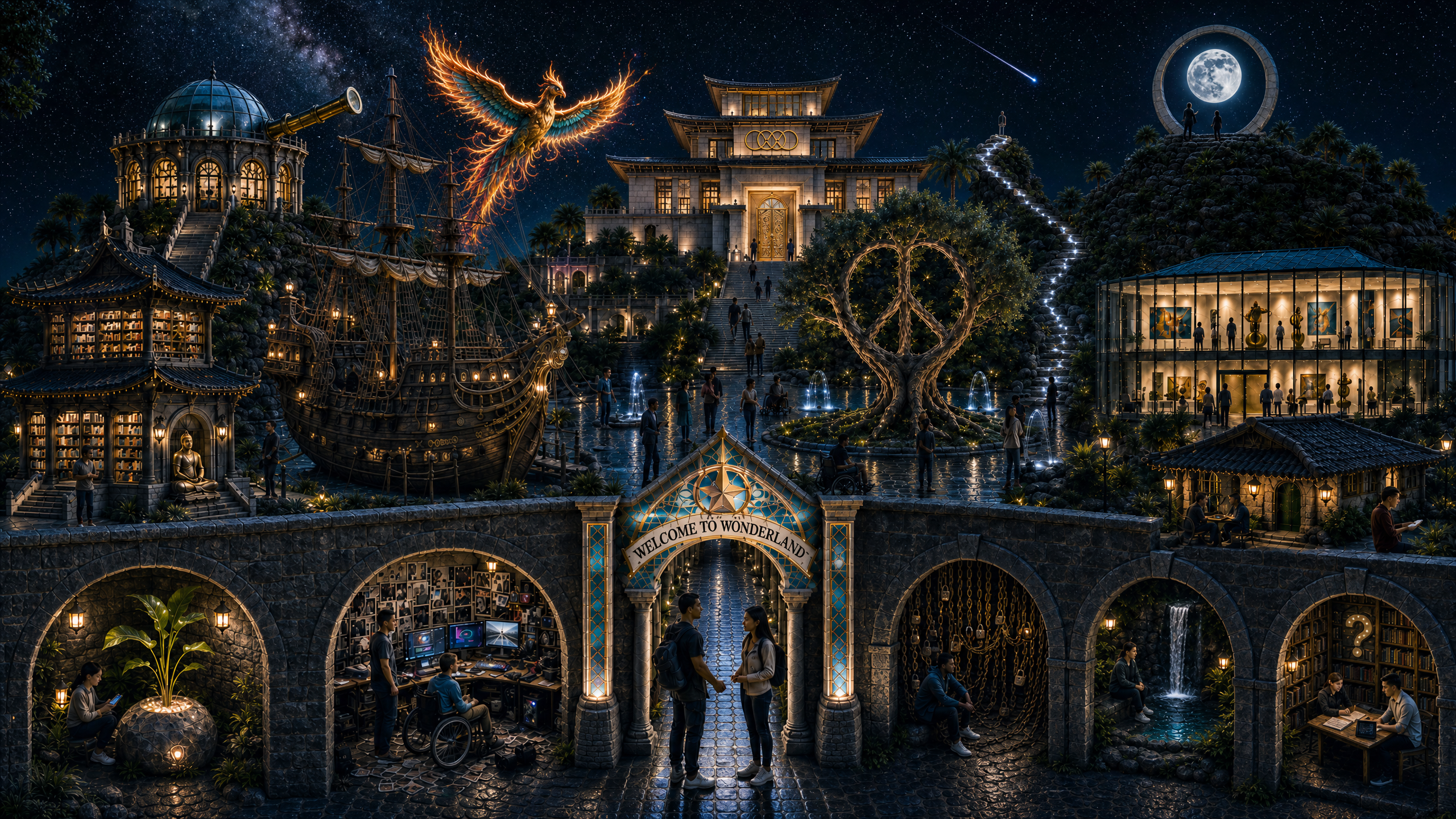 Plaza de la Luna: quince estancias alrededor de Welcome to Wonderland, el Fénix, el templo, la luna y el Árbol de la Paz.